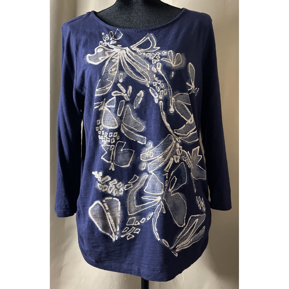 Chicos 2 US Large Navy Blue Top Abstract Floral Ruched Side 3/4‎ Sleeve Boho